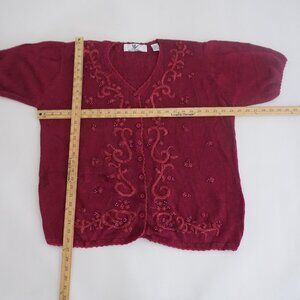 Vintage Maggie Lawrence Embroidered Knit Button Cardigan Top Burgundy 18/20